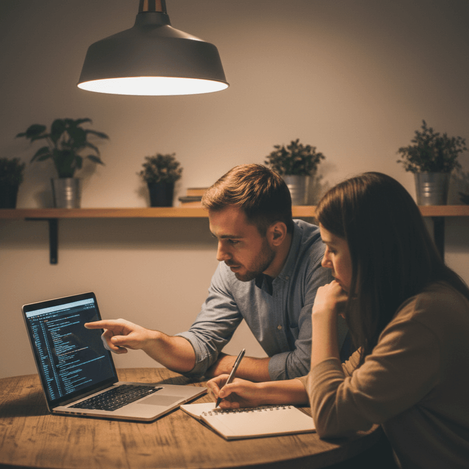 Two colleagues reviewing code in a cozy meeting room