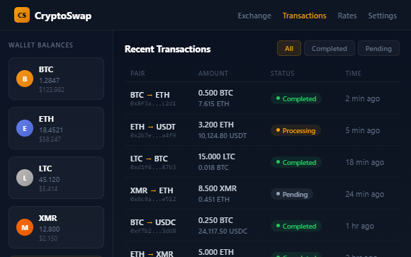 Crypto swap dashboard